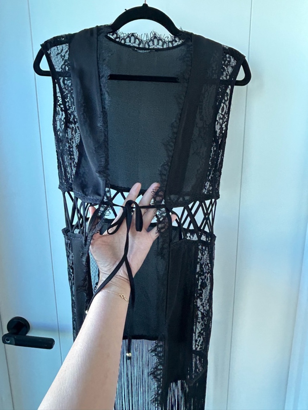 bebe Black Lace Fringe Open-Front Vest - Picture 3 of 8